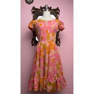 Vintage 60’s Pink Orange Flower Power Puff Sleeve Full Circle Dress XS